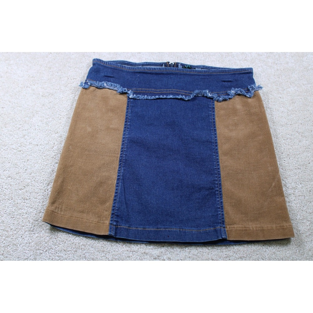 Trappeur Skirt Womens Medium Blue Tan Patchwork Corduroy Denim Mini Frayed Boho